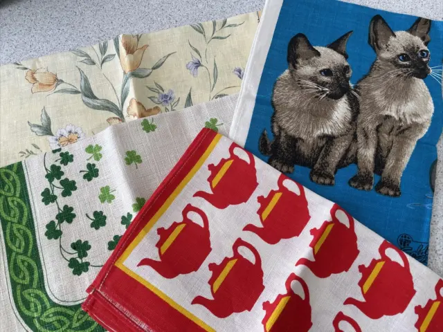4 Irish Linen Tea Towels, Unused, Collectable, T.Pots, Clovers, Cats & Garden
