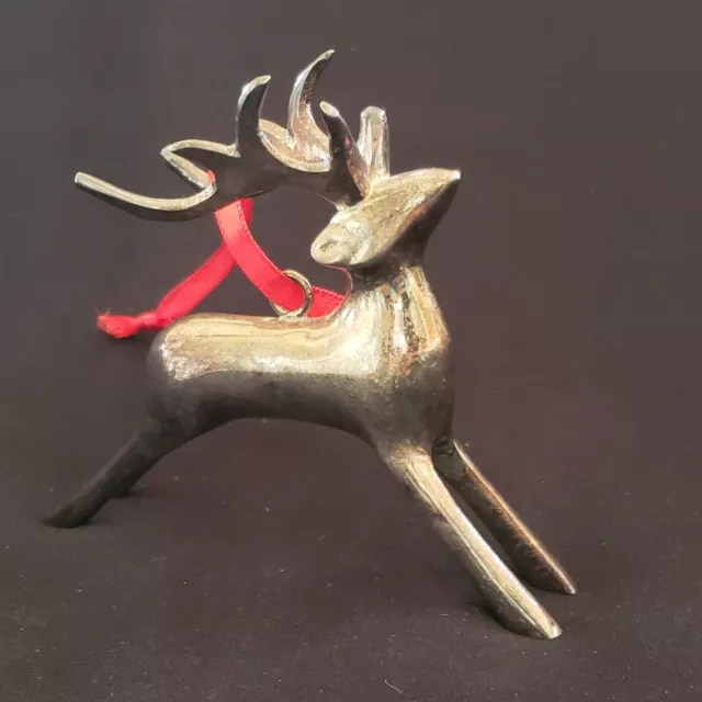 Reindeer Pottery Barn Ornament Silver-plated Metal 3⅝" Tall & Red Ribbon Vintage