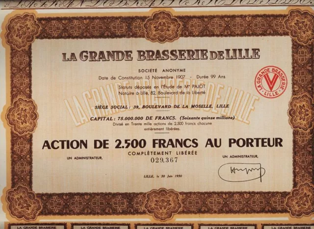 BEER BREWERY La Grande Brasserie de Lille France  2,500 Francs