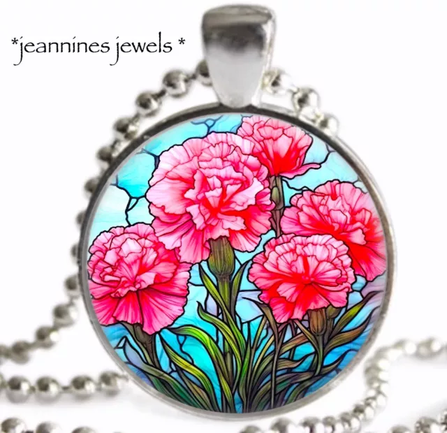 January Birthday Gift Carnation Birth Month Flower Faux Stained Glass NECKLACE