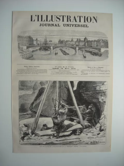 Gravure 1872. Travaux De Canalisation De La Perte Du Rhone. Sondage. A. Lancon..