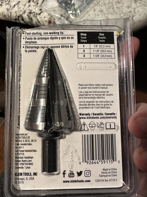 Klein Tools KTSB15 Step Drill Bit #15 3 Hole Sizes: 7/8”, 1-1/8”, 1-3/8” NEW 2