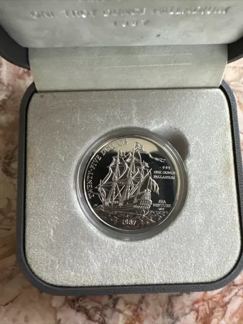 Moneda de 25 dólares Palladium 1987 ""Sea Venture"" juego de prueba original con certificado de autenticidad