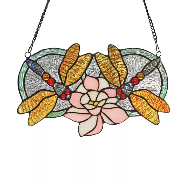 13" x 8" Stained Glass Tiffany Style Stained Glass Floral Dragonfly Window Panel