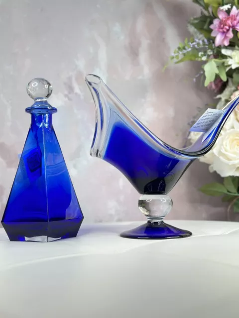 Beautiful Blue & Clear Art Glass Vase & Decanter Vintage Murano ITALY, NEW