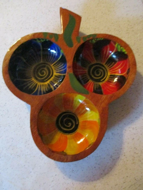 Divided Serving Bowl, 3 Section, Hand Carved & Painted, Thick Wood, 11" L X 9" W