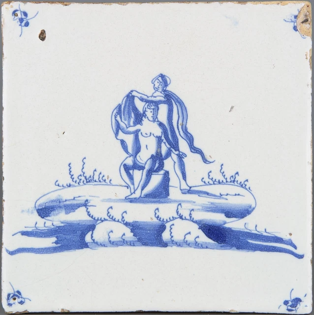 Rare Dutch Delft Blue tile, landscape with figures, 18th century.