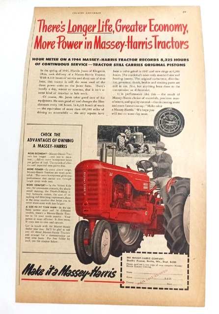 Vintage Massey-Harris Tractor Advertisement, Longer Life, More Power, Model 44