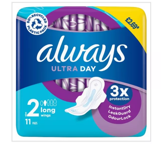 Always Ultra Day Sanitary pads Towels long (S2) Wings x 11 Pads PRICE MARK £2.69