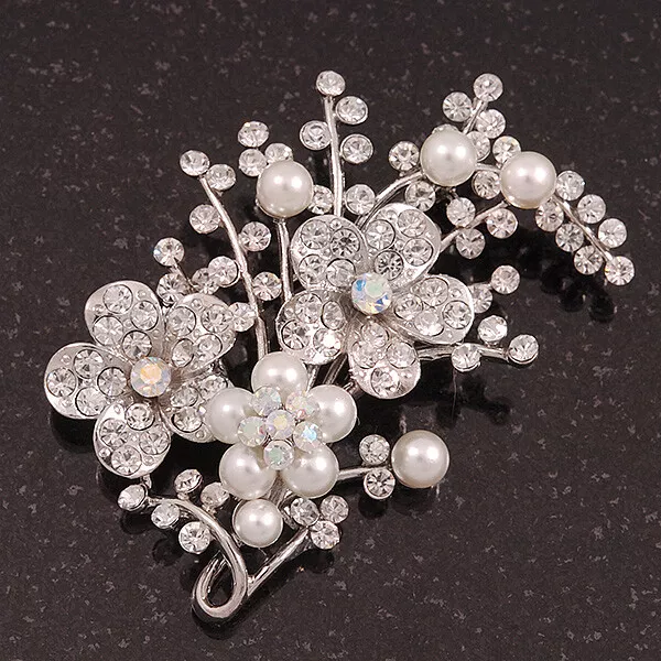 Bridal White Simulated Pearl & Clear Crystal Floral Brooch In Silver Plating -