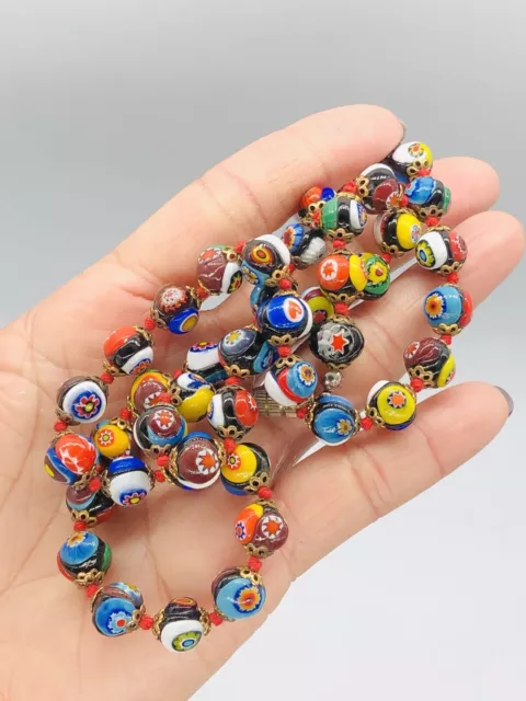VTG Mid Century Italian ART GLASS Millefiori Multicolored Beads Necklace 22