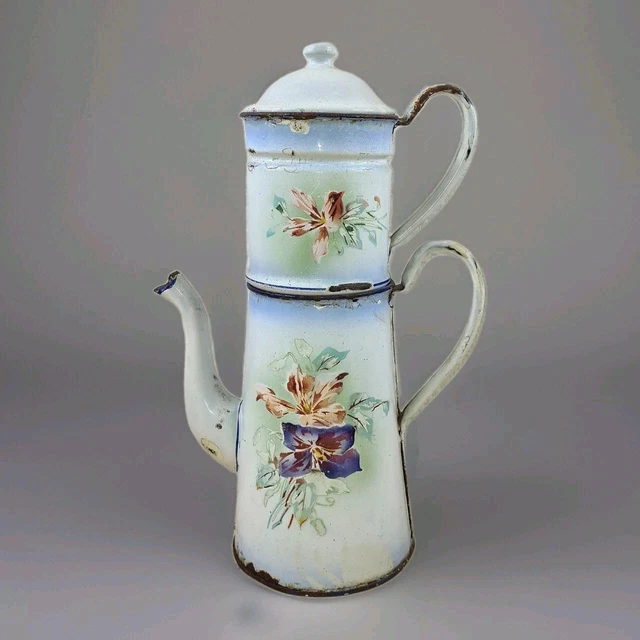 ANCIENNE CAFETIERE EN Tole Emaillee Decor De Fleurs Roses Et Pensees ANCIENNE CAFETIERE EN Tole Emaillee Decor De Fleurs Roses Et Pensees
