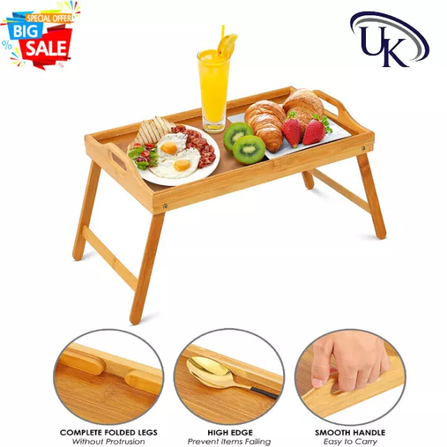 Bamboo Wooden Lap Serving Tray With Folding Leg Breakfast Food Tray Table