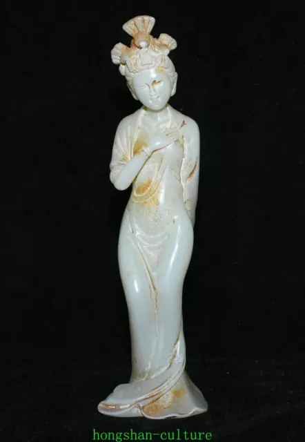 8" Vieux Han Blanc Jade Sculpté Palais Belle Femme Beauté Belle Statue