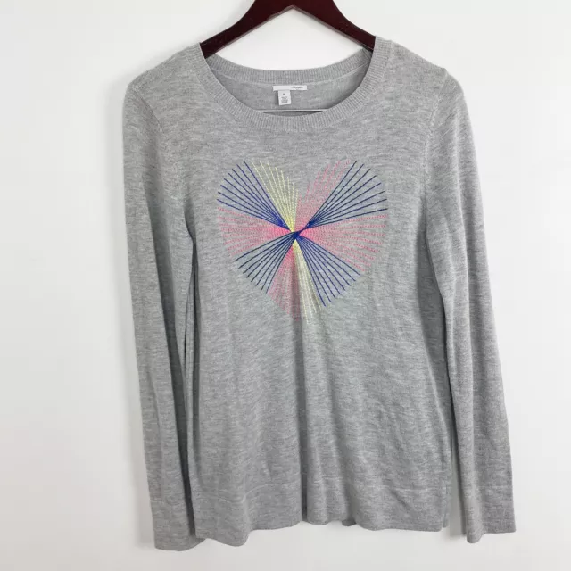 Halogen Knit Heart Stitched Crew Neck Sweater Size Medium Gray Multi Color