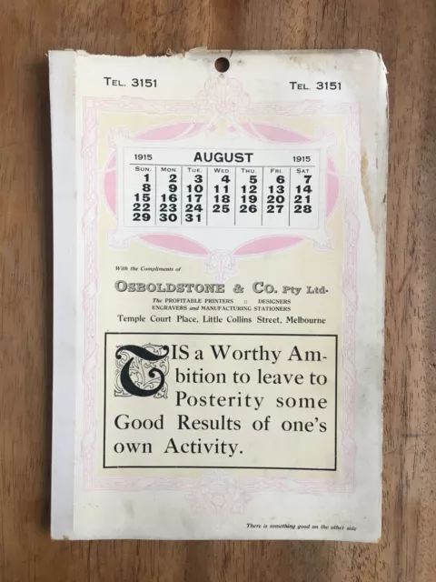 Antique August 1915 Calendar Osboldstone & Co Melbourne Printer Art Nouveau