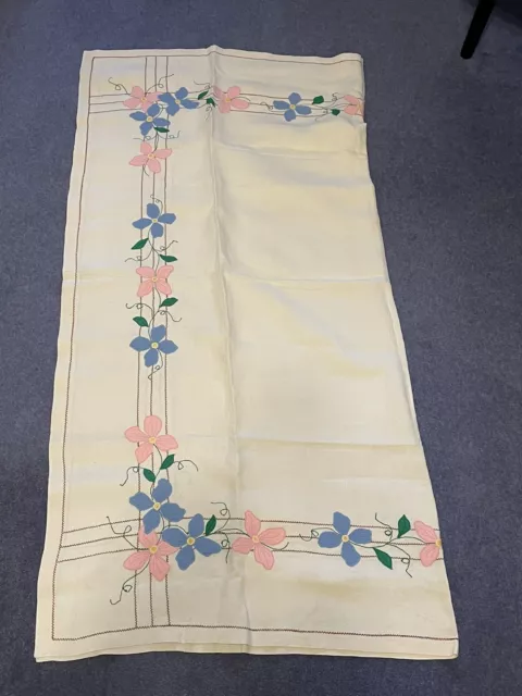 Vintage Linen Tablecloth Hand Embroidered Flowers Floral 50” x 50” approx VGC