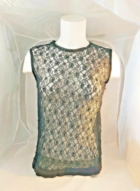 Antique vintage Handmade Black Lace Sleveless Blouse Top embellished