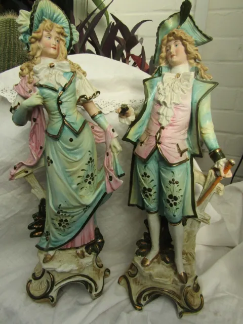 Antique Pair Of Hand Painted Large Figurines Of Georgian Gentleman & Lady