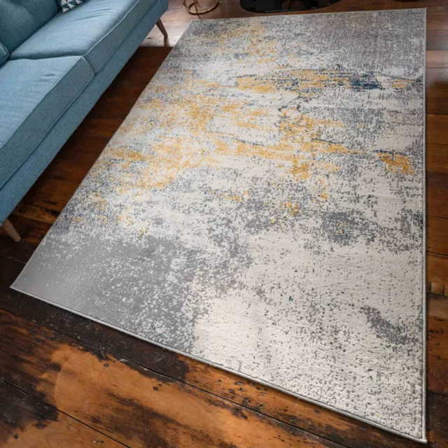 Yellow & Grey Rugs Abstract Distressed Look Living Room Rugs Ochre Silver Runner