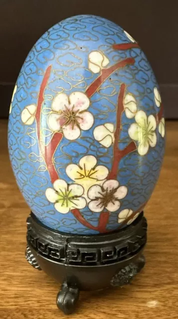Vintage Cloisonné Egg w/ Wood Stand, Blue Painted Enamel w/ Bird & Floral Scene
