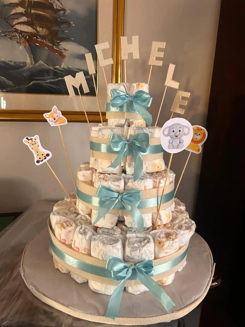 Torta Di Pannolini Per Nascita - 3 Piani, Decorata Con Fiori, Taglia 2/4-8 Kg, Confezionata Come Regalo