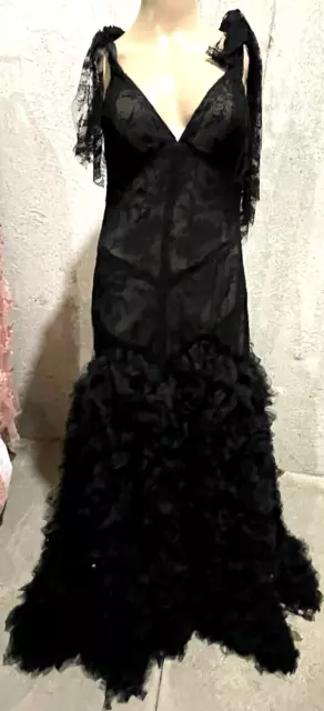 Monique Lhuillier Collection Lace Ruffle Black Long Gown Evening Dress US 8