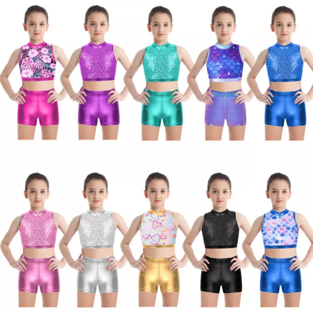 Kids Girls Sequins Crop Tops with Booty Shorts Hip-hop Jazz Dance Costume Outfit