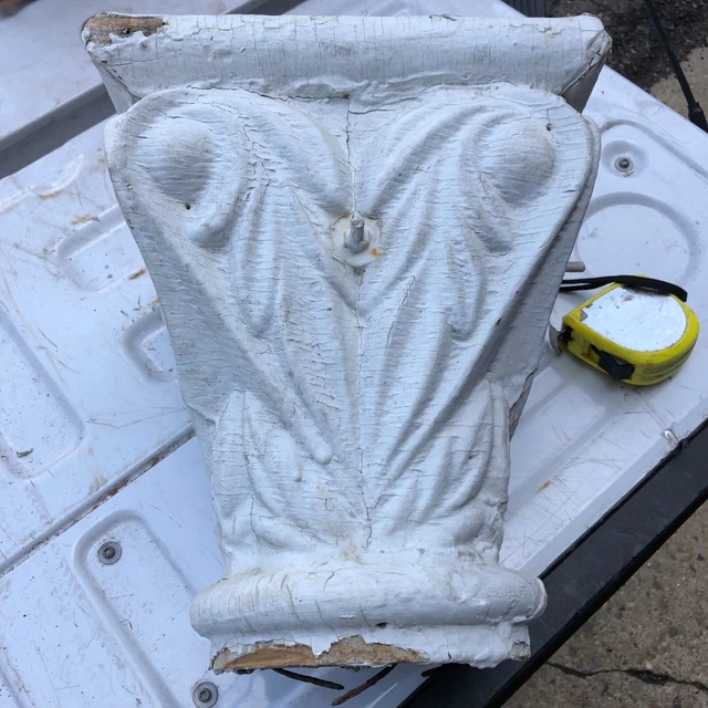 Pretty c1850 vintage hand carved wooden porch capitals 13” h 10.5” sq x 6.5” dia 12