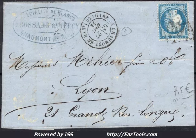 France N°60A Sur Lettre Gc + Cad Gare De Chaumont En Bassigny Du 27/12/1874