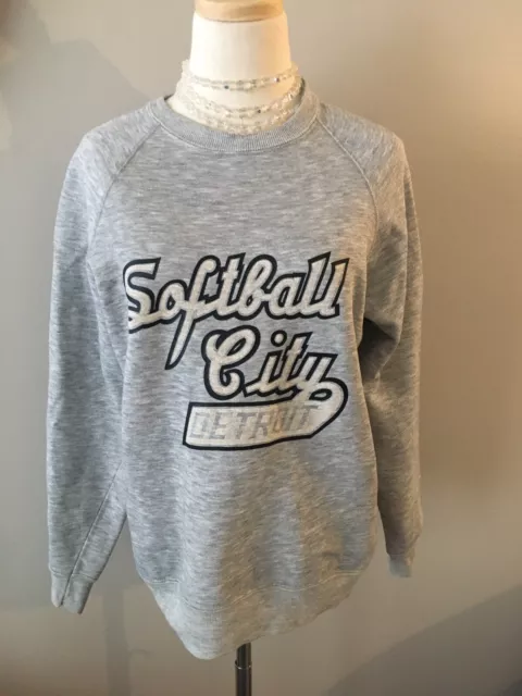 Vintage 80s Detroit Softball City Crewneck Raglan Sweatshirt Gray Sz L