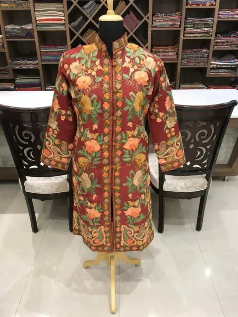 Red Long Coat with Multi-Colour Kashmiri Floral Embroidery