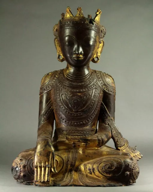 ^Antique 1700's Southeast Asia JAMBUPATI Crowned Buddha Carved Gilt Lacquer Wood