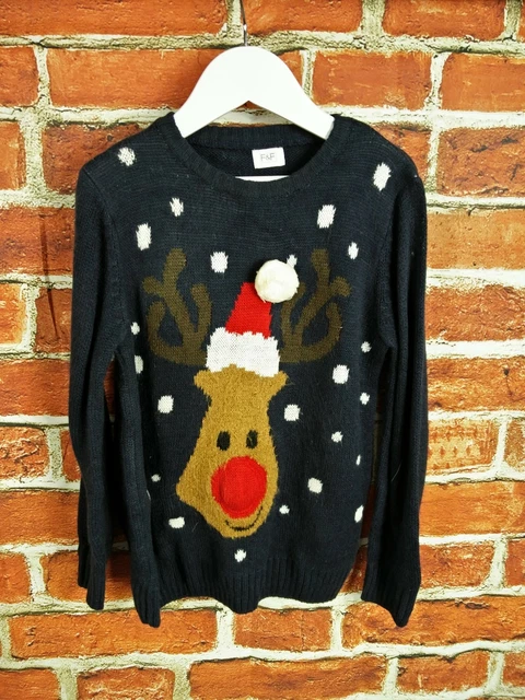 Girls Jumper Age 6-7 Years F&F Sweater Pullover Christmas Knit Rudolph Red 122Cm