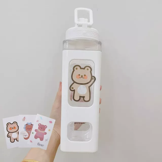 Kawaii Water Bottle With Straw And Sticker 23.6Oz No Leak Large Cute Kawaii  Bear Water Bottles Sport Plastic Portable Square Drinking Bottle For Kids