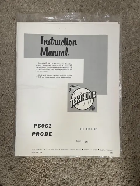 Tektronix P6061 Probe Instruction Manual 070-1182-00, Excellent Condition