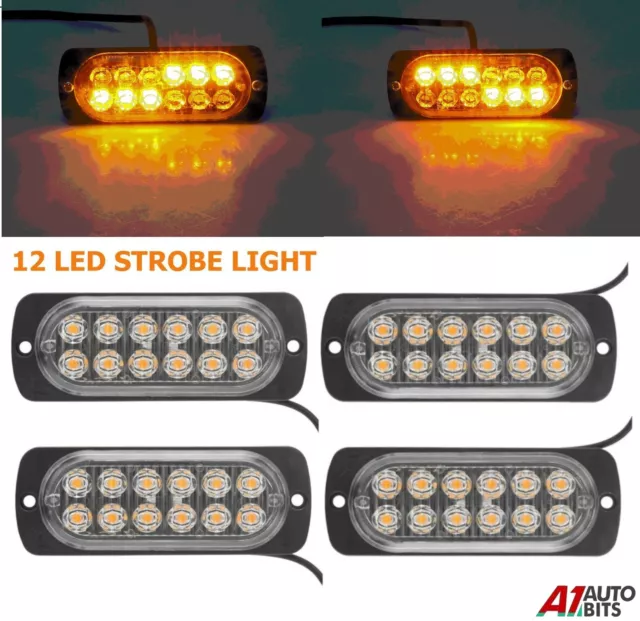 4x 12 LED Amber Recovery Strobe Flashing Grille Light Car Beacon Lamp Waterproof