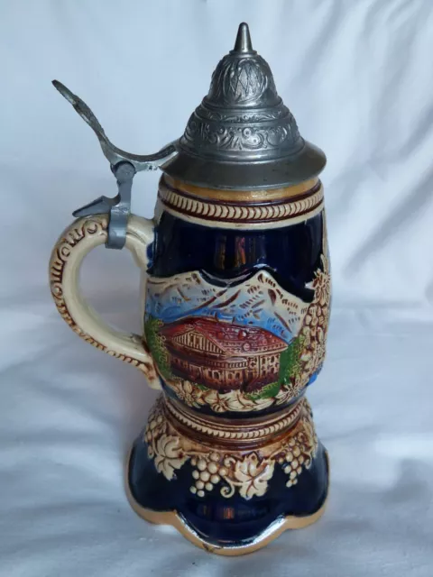 Vintage Clockwork Ceramic Hinged Lid Beer Stein 'Luxembourg Pont Adolphe'