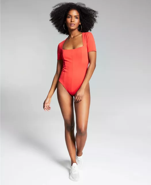 INC International Concepts Misa Hylton Short Sleeve Bodysuit Coral Orange