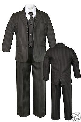 5pc Baby Boy Kid Teen Formal Wedding Party Brown Pinstripe Tuxedo Suit Jacket