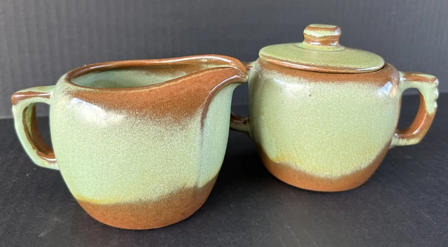 Vintage Frankoma Pottery Prairie Green Creamer & Sugar Bowl With Lid 5A & 5B