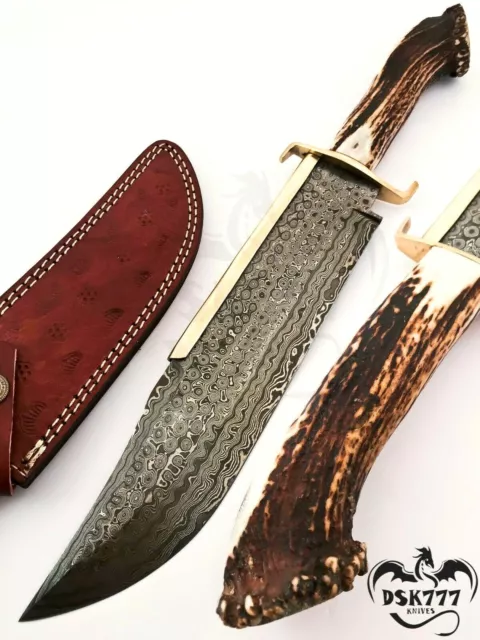 Beautiful Custom Hand Made Damascus Hunting Taxas Bowie Knife Handle Stag Horn