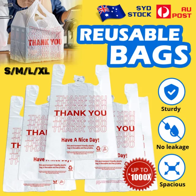 Reusable Heavy Duty Plastic Carry Bags 37um White Grocery Shopping Bag BULK AU