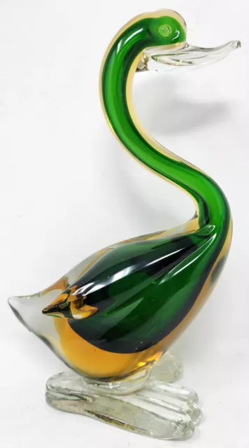 Murano Italy Hand Blown Venetian Glass 8.5" Swan Duck Amber Teal Green LOVELY