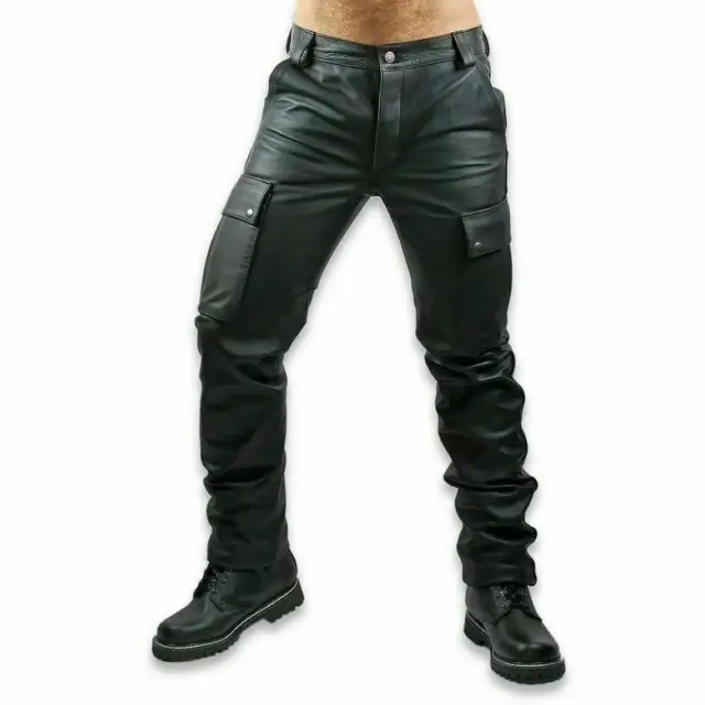 Mens Real Leather Black Cowhide Soft Plain Saddle Back Cargo Gay Pants Trouser