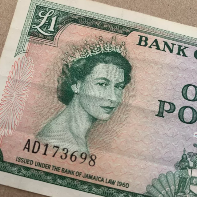 Jamaica P51C 1 Pound Banknote 1964 Jamaican QEII Currency Queen Elizabeth II