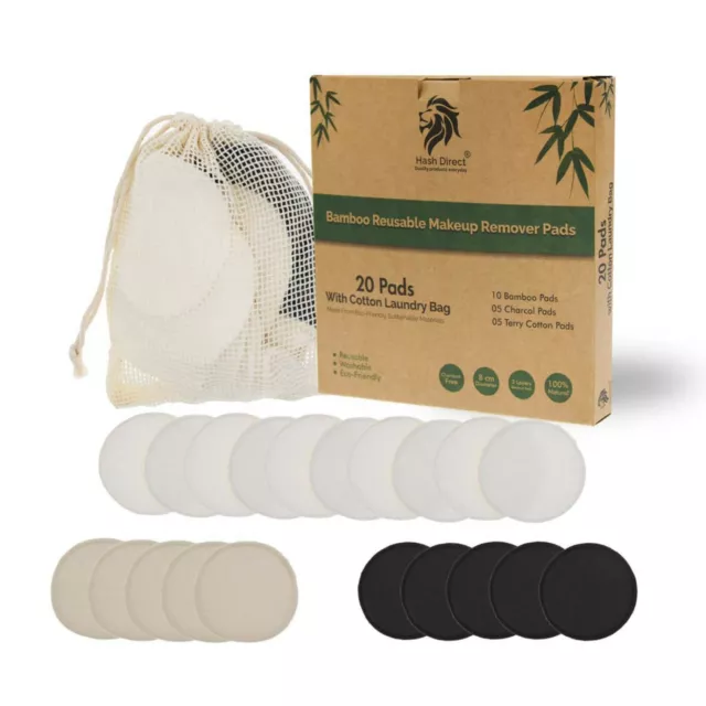 20 wiederverwendbare Bambus Make-up Entferner Pads waschbar mit Tasche Hash Direct® Geschenkset