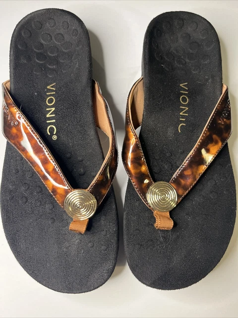 Vionic Hilda Preowned Brown Black Tortoise  Gold Stud Thong Sandals Wo's Size 6