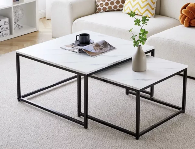 NEST OF 2 Square Coffee Tables with Marble Effect Top and Black