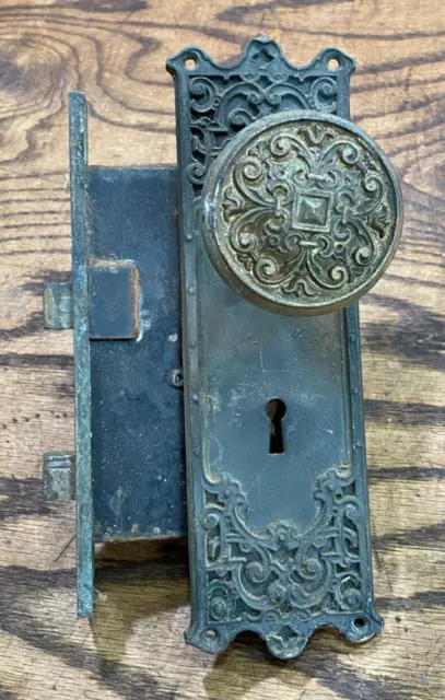 Antique Ornate Victorian Eastlake Entry Door Handle / Lock w  Escutcheon Plate